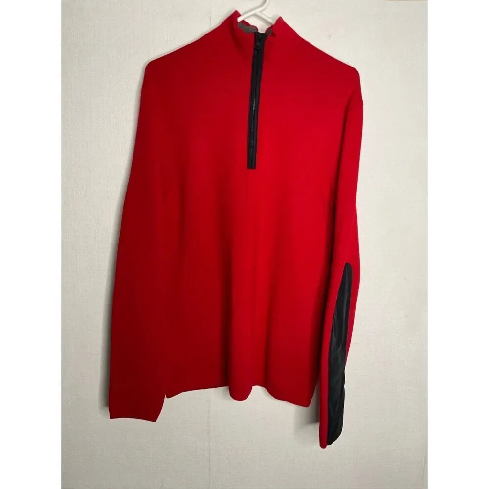 Banana Republic Wool Blend Sweater Mens Large Red‎ Elbow Patch Pullover 1/4 Zip